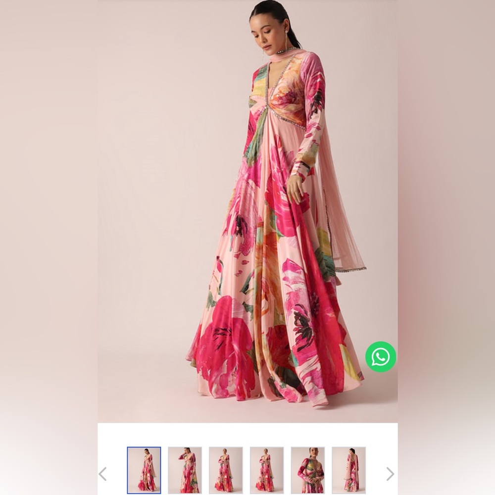 Peach Floral Print Dress /Anarkali With Mirror Work